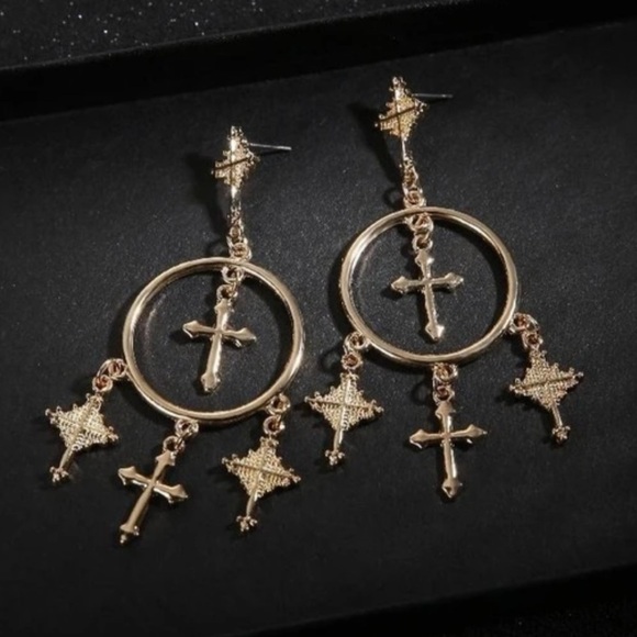 Gold Cross Hoop Tassel Chandelier Drop Earrings - Picture 1 of 3